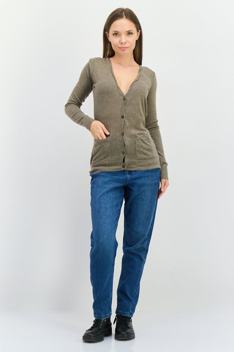 POOF Women V-Neck Long Sleeves Plain Cardigans, Taupe - Image 4